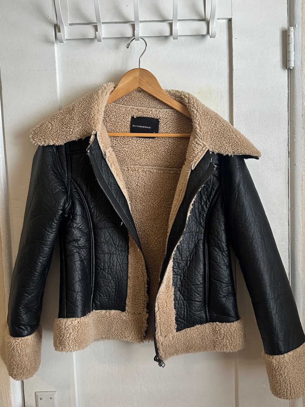 Olivaceous Black Faux-Leather Shearling Jacket with Beige Trim